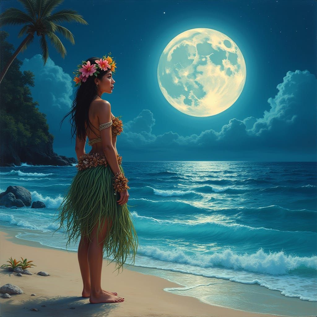 Polynesian Woman on Moonlit Beach, Dreamy Surrealism