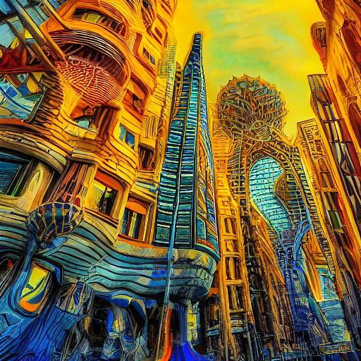 Surrealist Cityscape with Futuristic Skyscraper in Oil Paint...