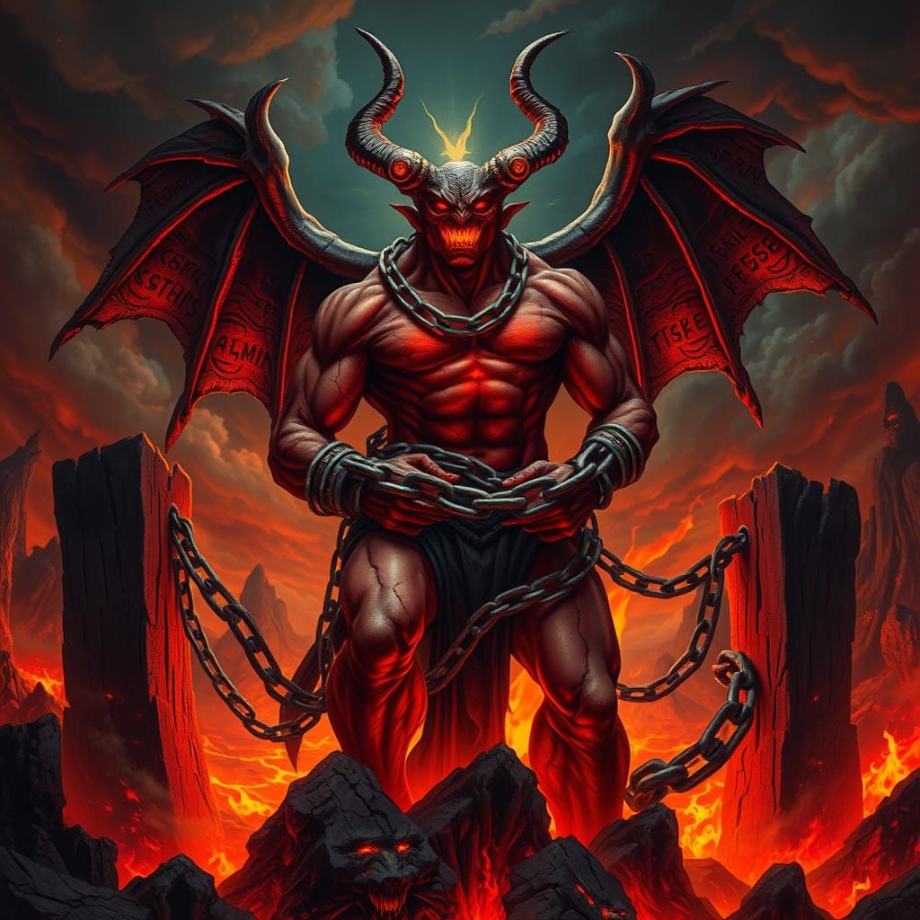 Eternal Torment: A Bound and Imprisoned Satan in Fiery Chain...