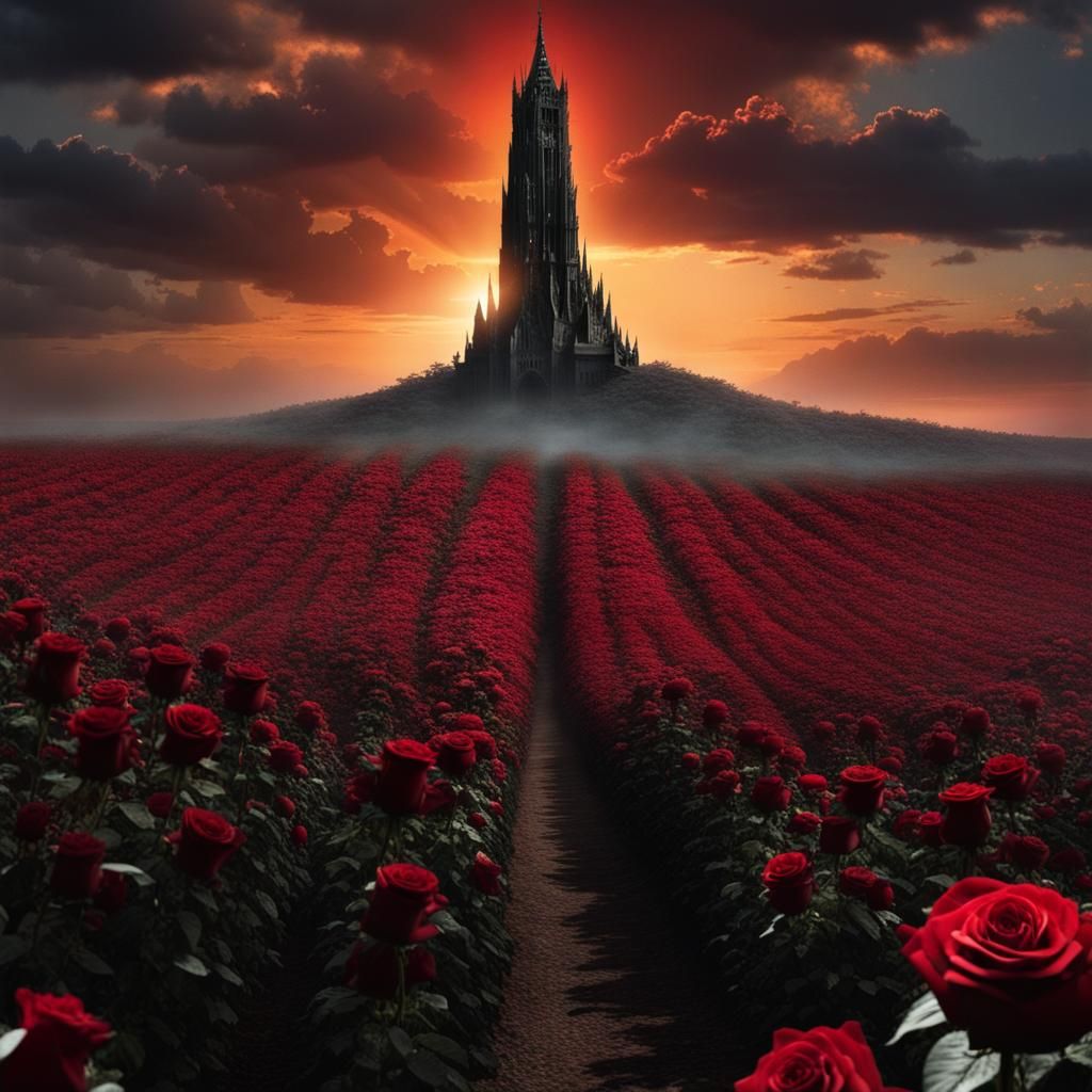 Ominous Dark Tower Surrounded by Roses at Sunset