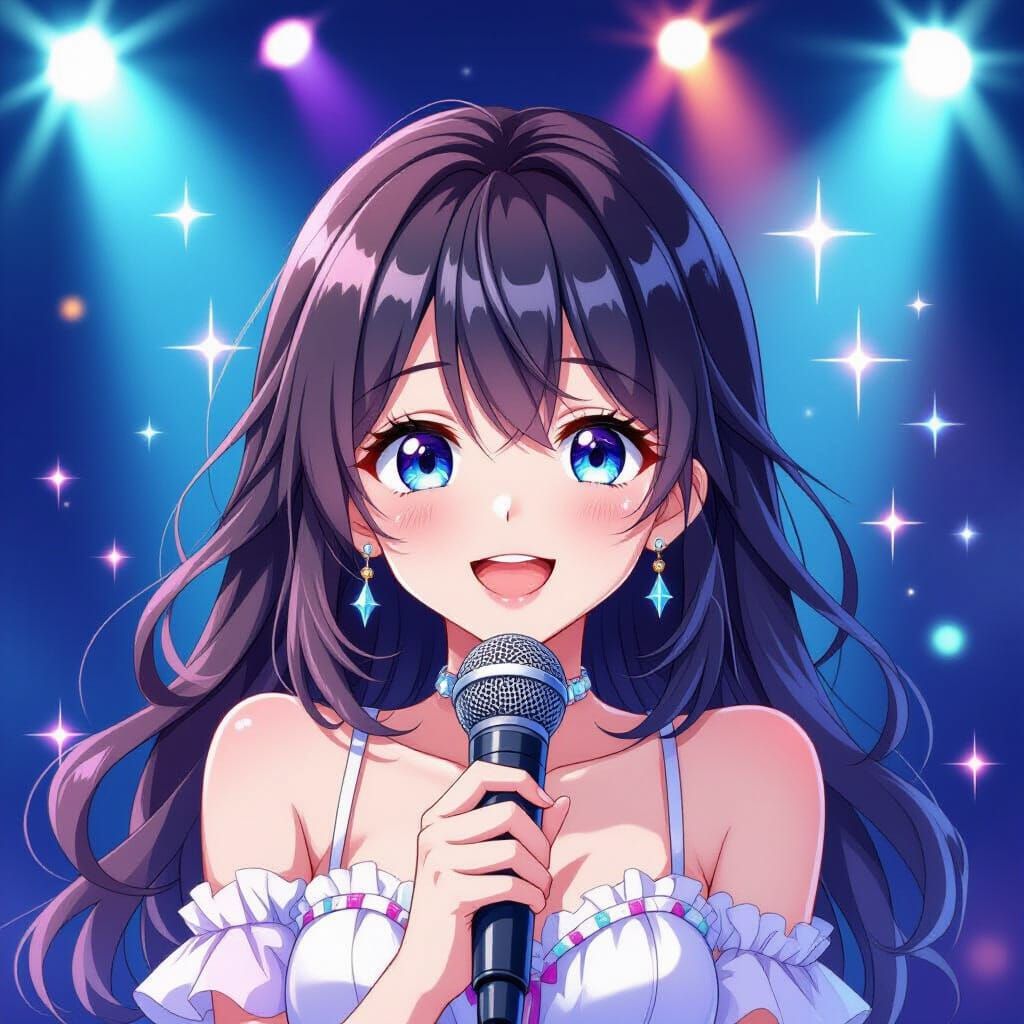 Anime Idol on Stage with Bright Smile