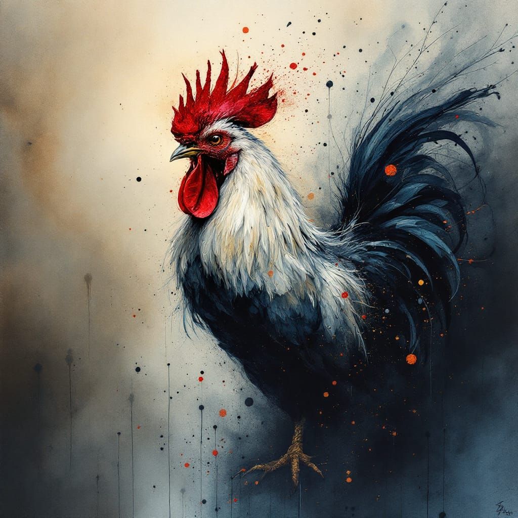 Crimson Rooster Emerges from Smoky Watercolor Mist