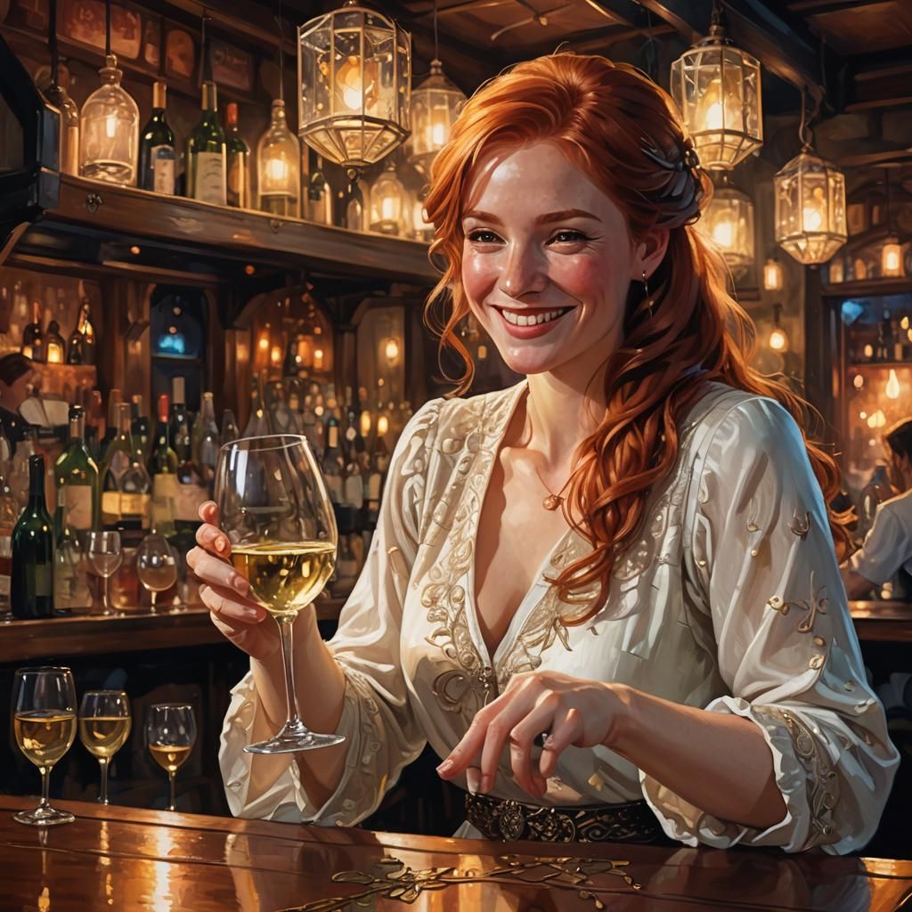 Red-Haired Woman in Intimate Bar Scene, Fantasy Illustration