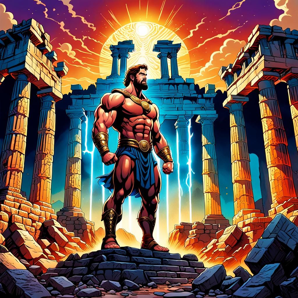 Hercules' Victory in Minoan Ruins: Comic Book Art