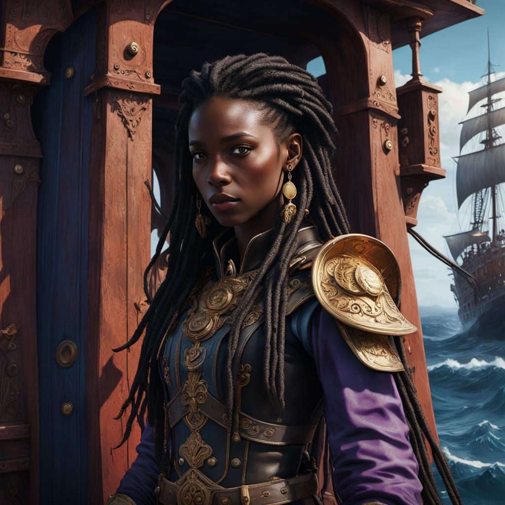 Dark Skinned Elf Pirate in Vibrant Oceanic Landscape