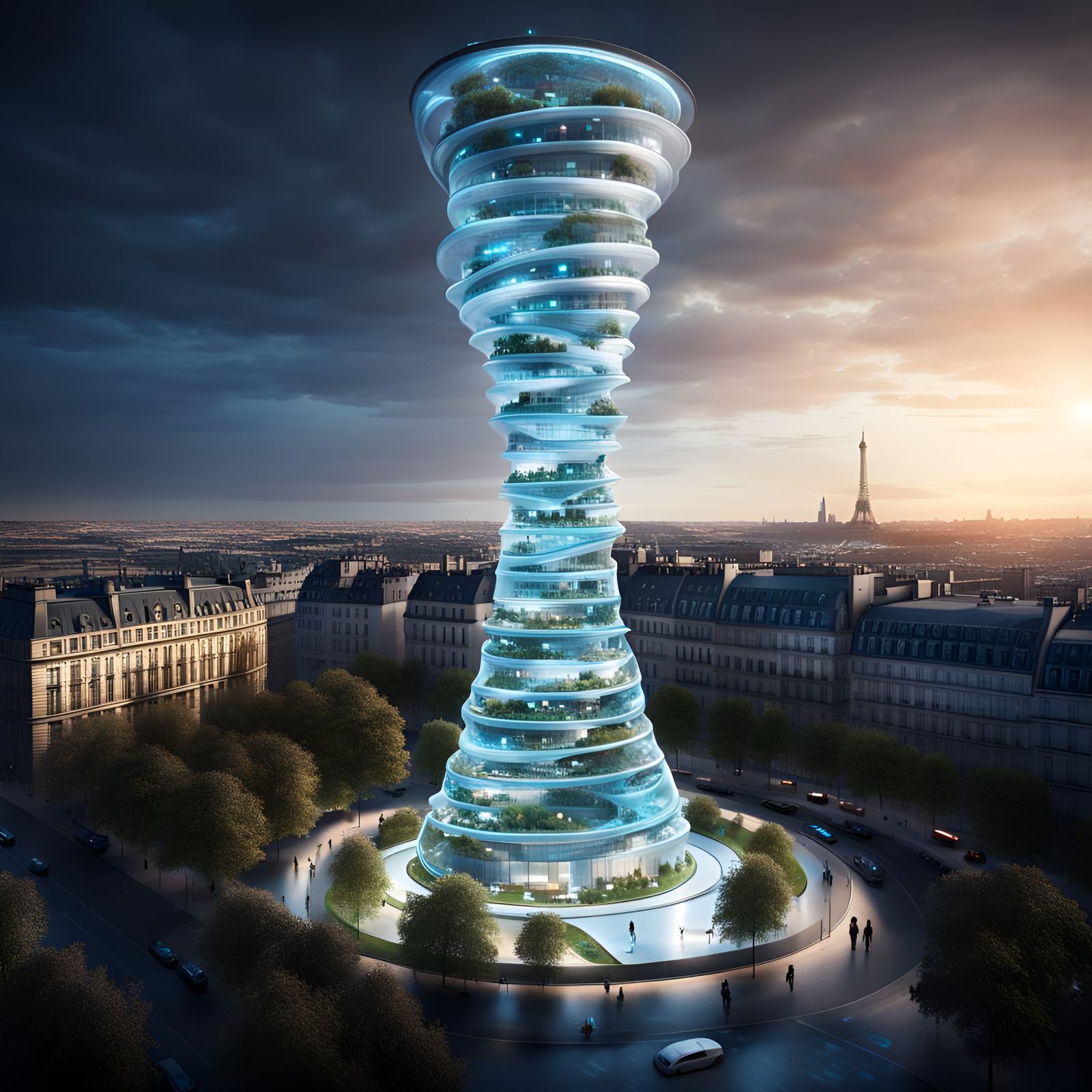 Bioluminescent Sci-Fi Tower Dominates Paris in Hyperrealism