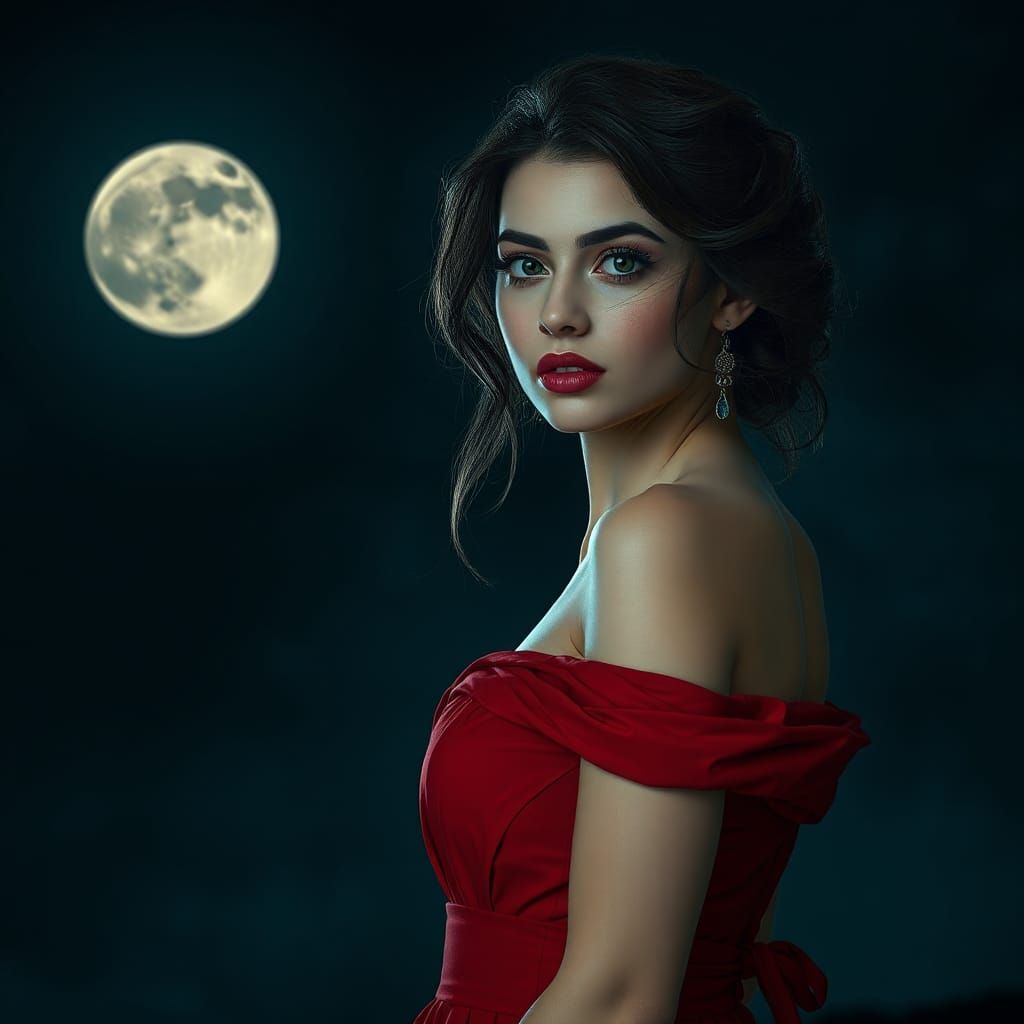 Woman in Red Dress Under Full Moon