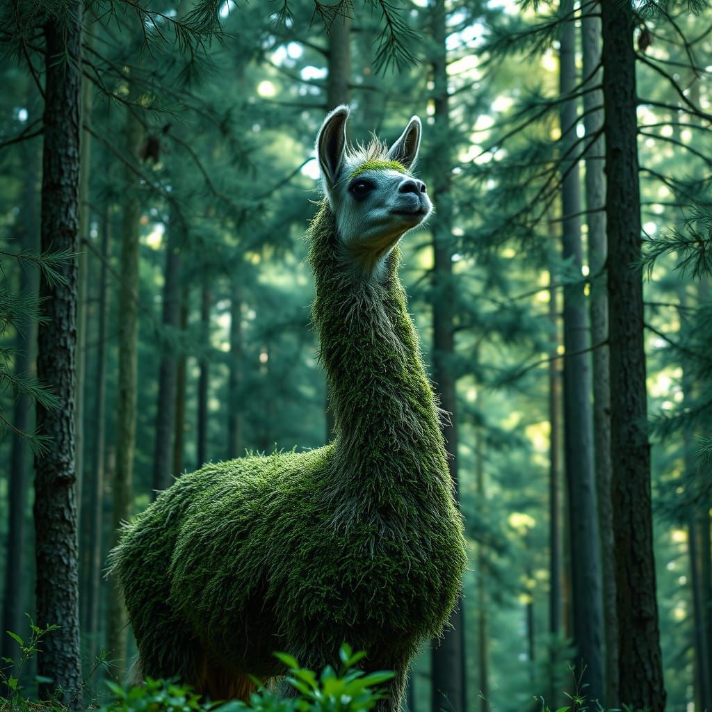 Serene Moss-Covered Llama in Whimsical Forest Landscape