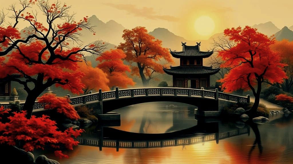 Traditional Chinese Garden Scene in Wet Ink Style