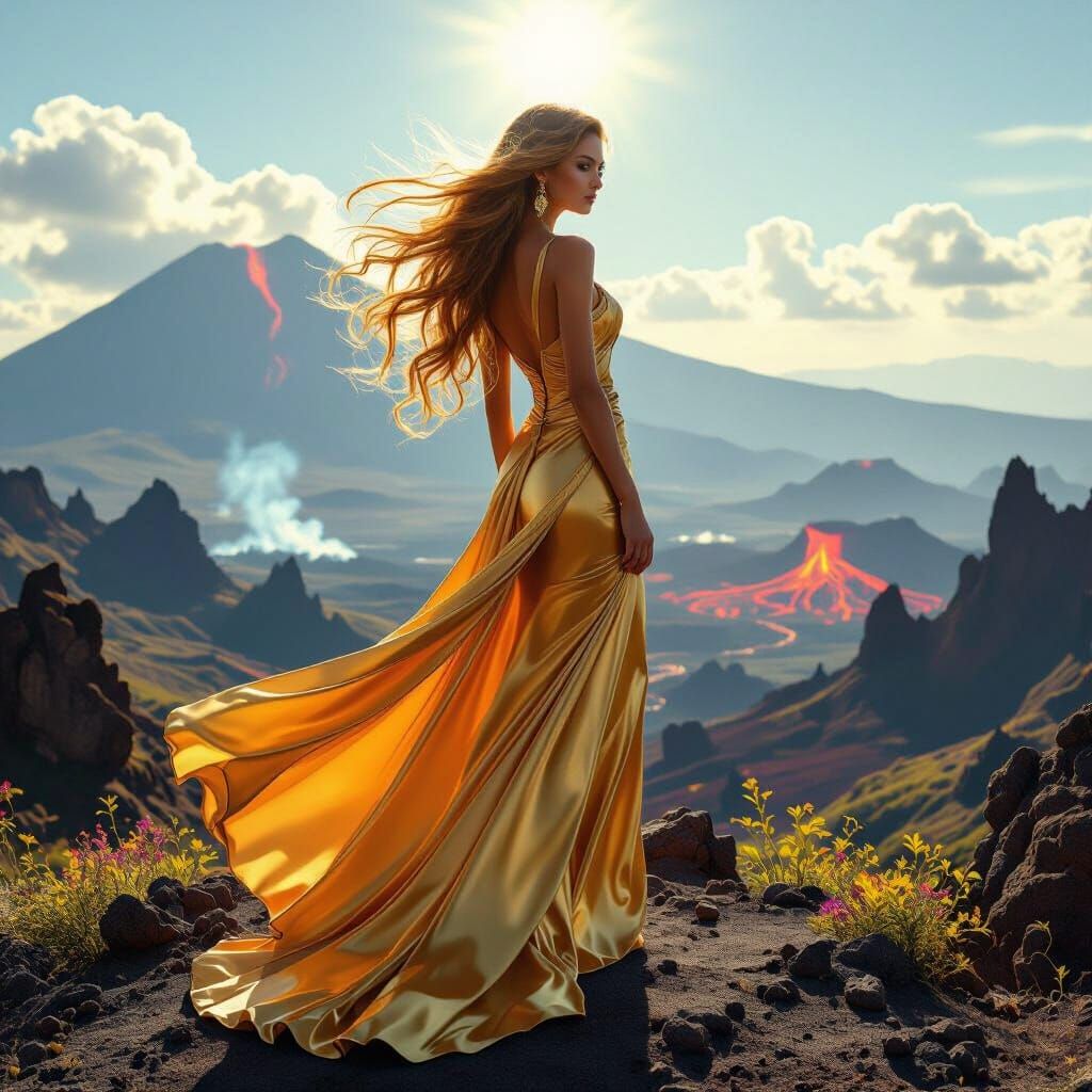 Golden Woman on Windswept Peak in Cosmic Fantasy