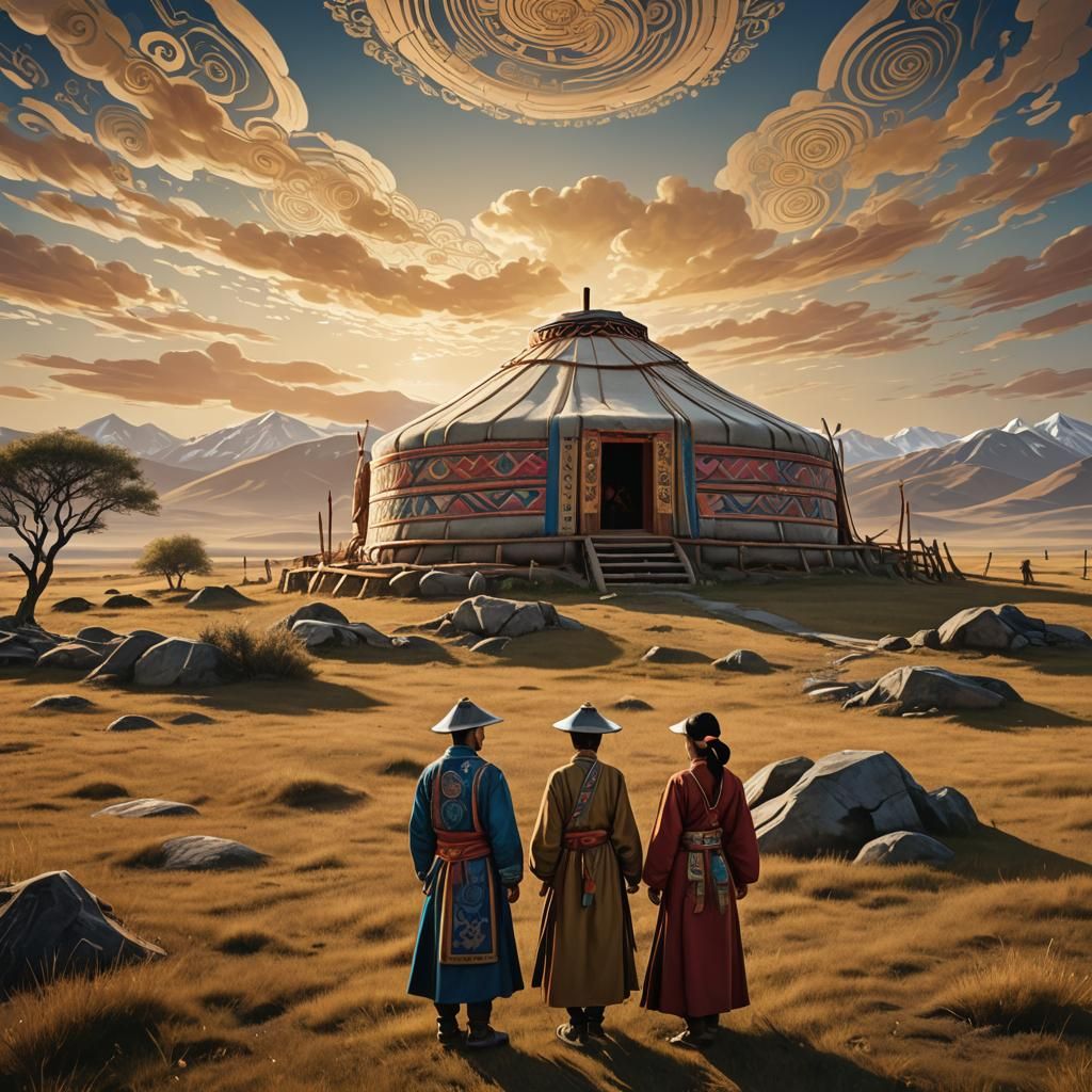 Mongolian Couple in Plain, Folk Art Digital Painting