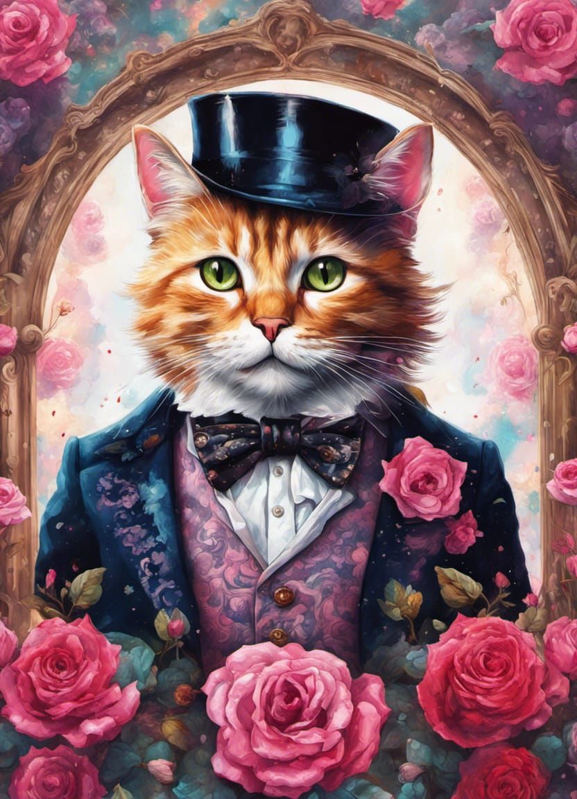 Victorian Cat Amidst Roses: A Colorful Portrait