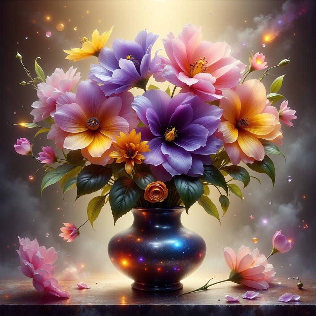 Ravishing Pansies in Iridescent Vase, Dreamy Art