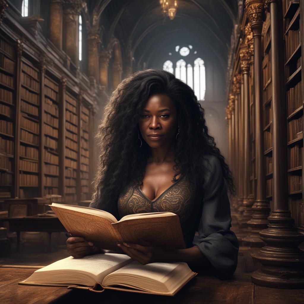 Black Woman Reading in Ancient Library: Detailed Matte Paint...
