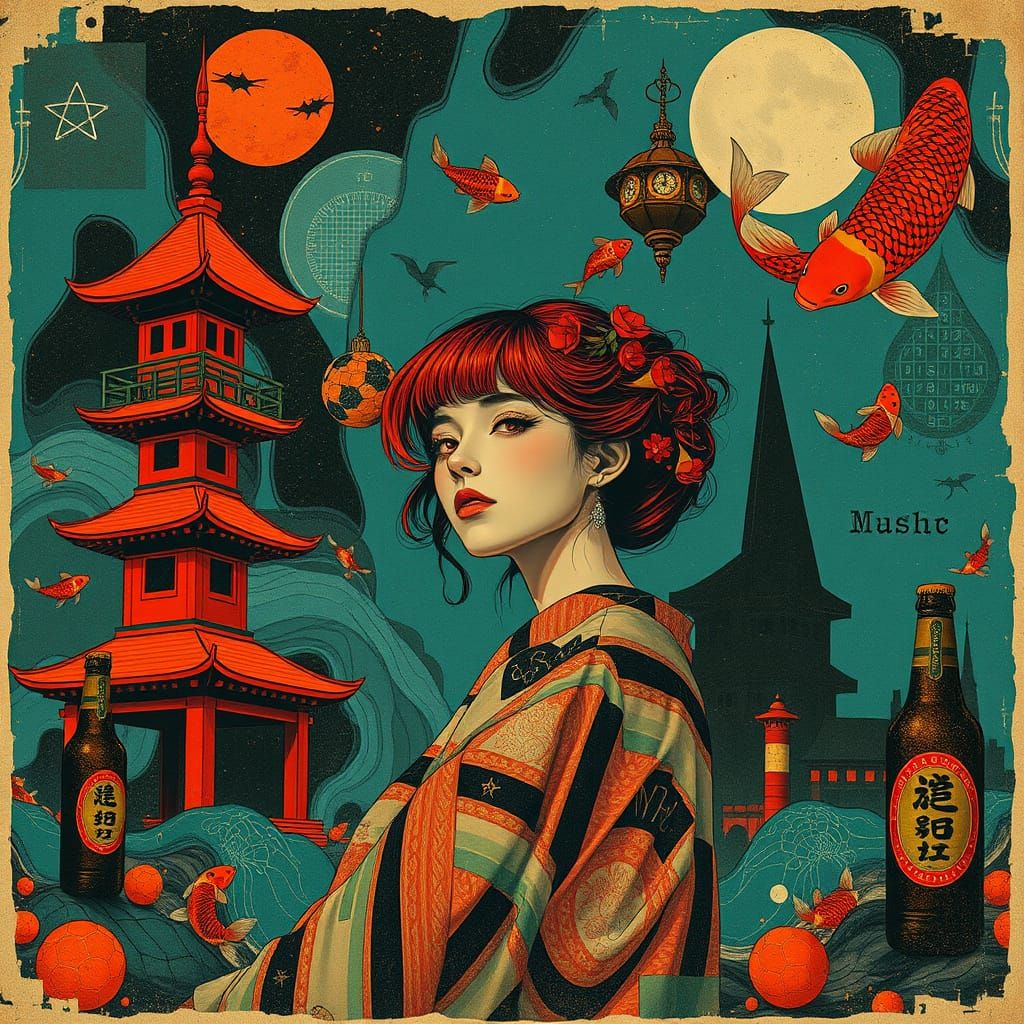 Surreal Noir Japanese Scene with Redhead Woman