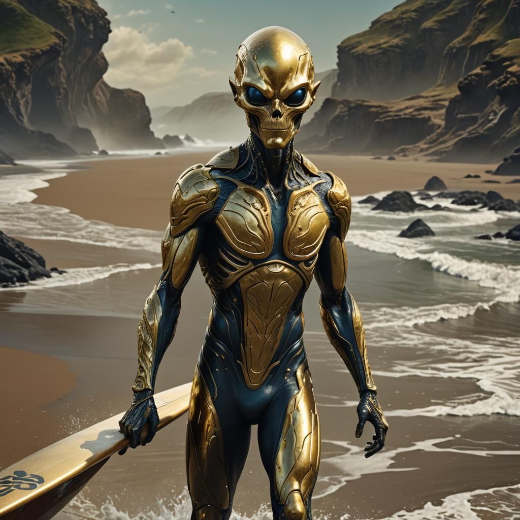 Gold Metallic Alien Surfer, Digital Art