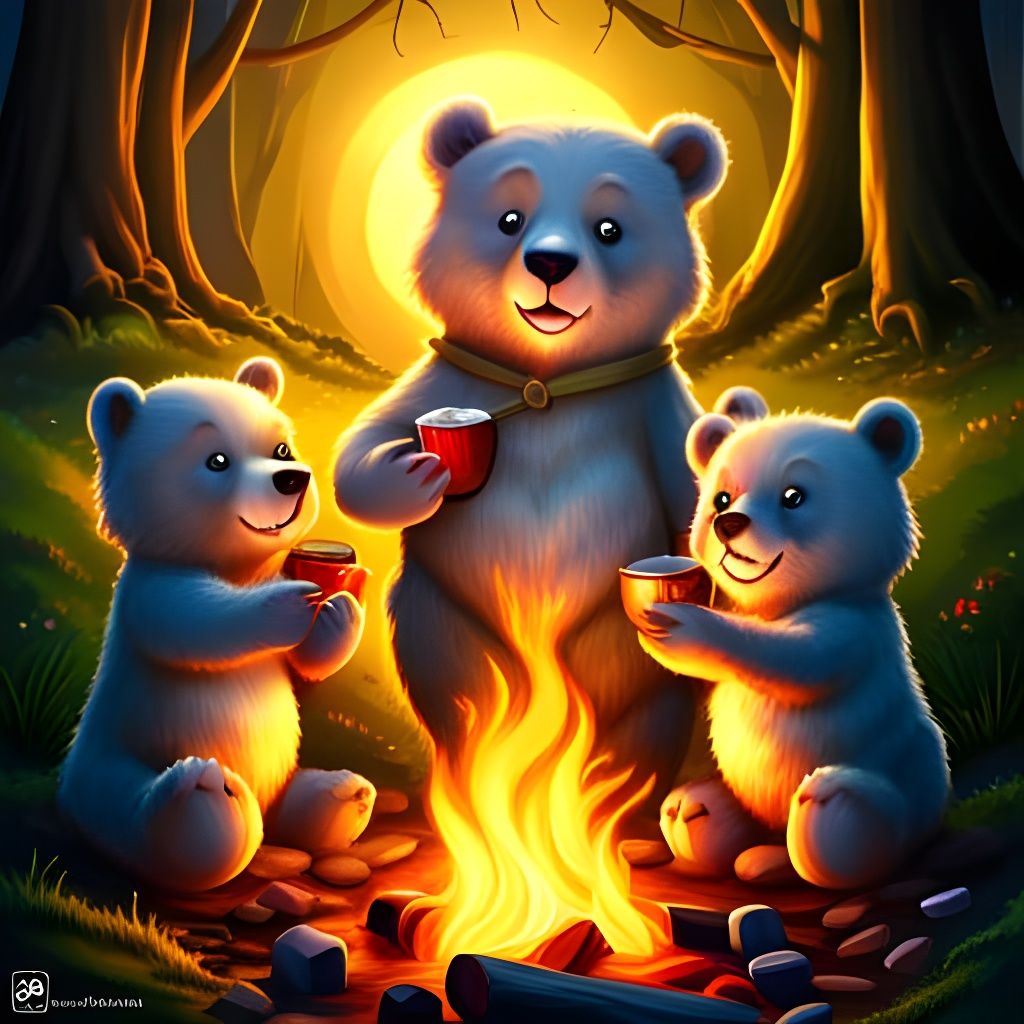 Chibi Bears Toasting Marshmallows Campfire Scene