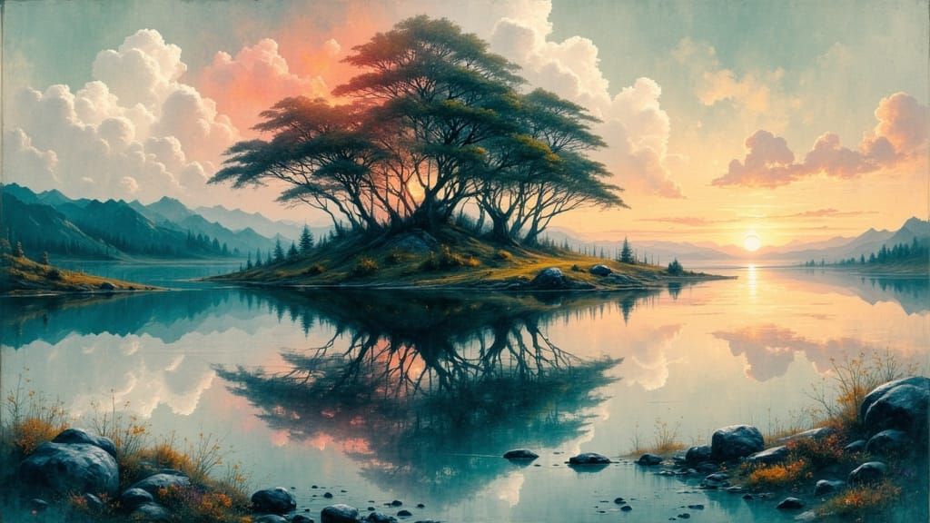 Vibrant Landscape Painting with Mirrored Rock Formation