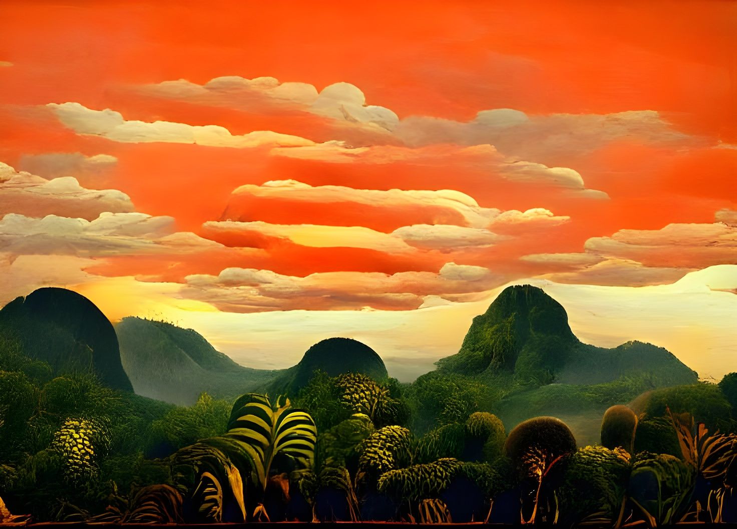 Lush Jungle Mountains at Sunset in Rousseau Style