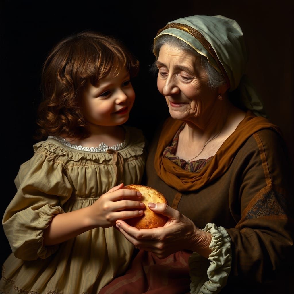 Italian Woman and Girl Sharing Bread, Classical Portrait