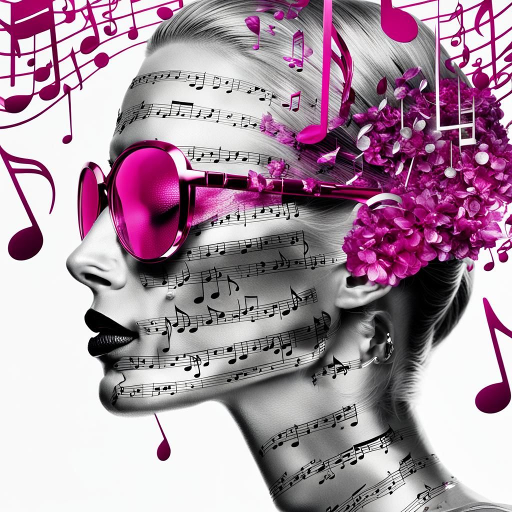 Surreal Double Exposure Fashion Photo with Musical Motifs