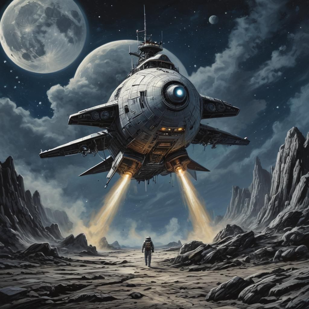 Rocketship Moon Landing: Comic Book Oil Painting