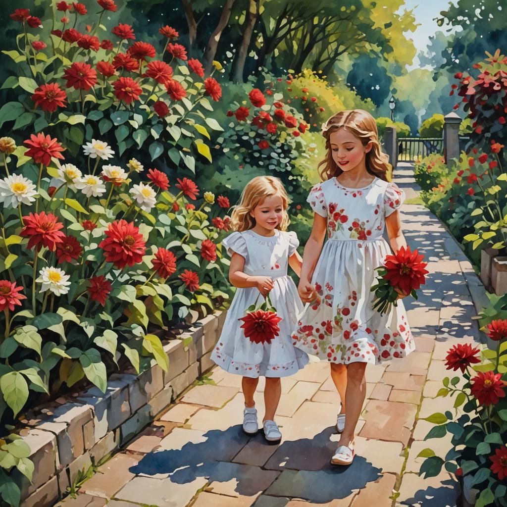 Girl with Dahlia Bouquet: Gouache Impressionist Garden