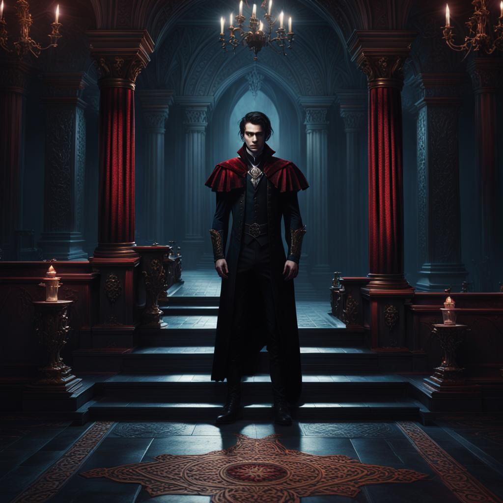 Regal Vampire Prince in Dramatic Gothic Throne Room