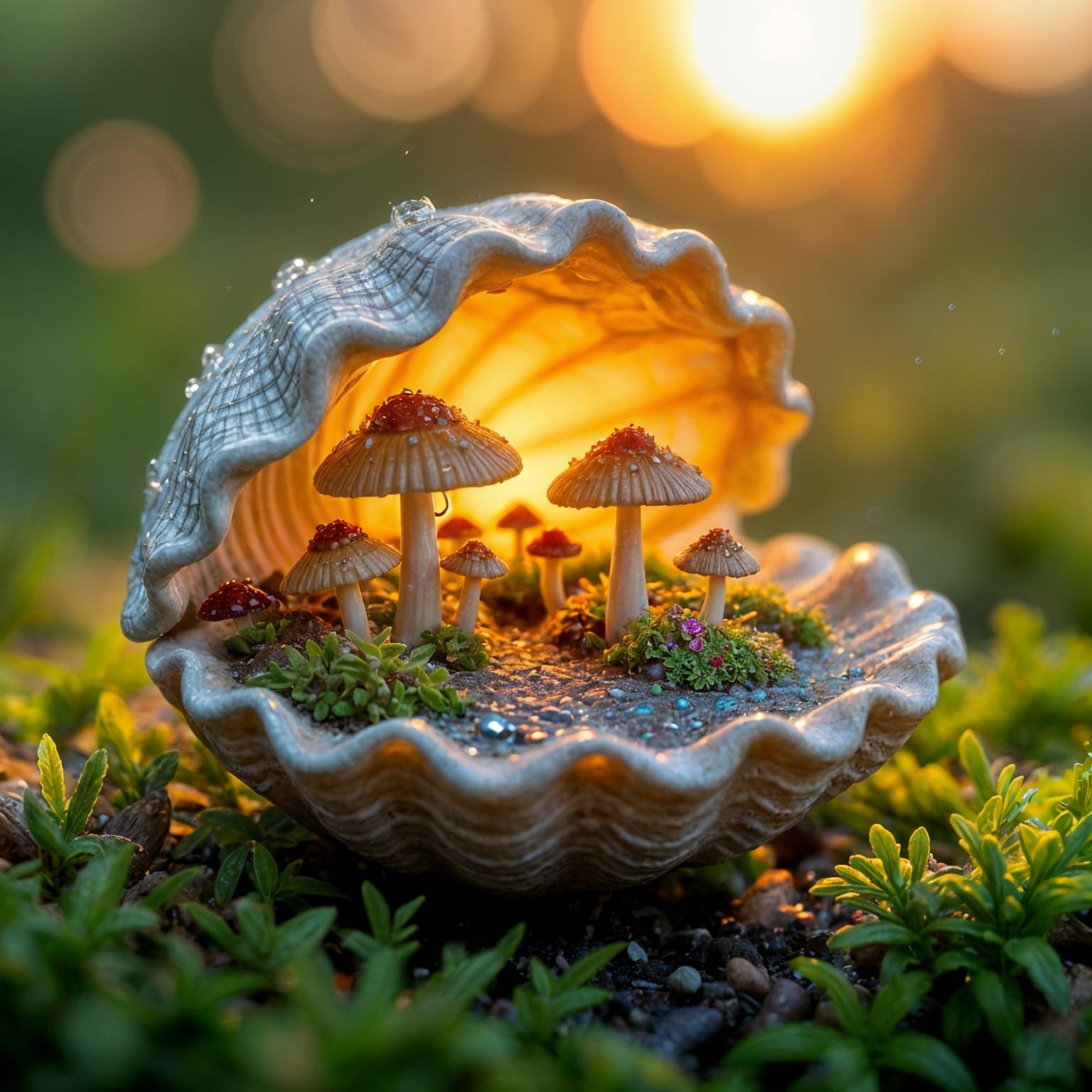 Enchanted Garden Thriving in Seashell, Macro Photography
