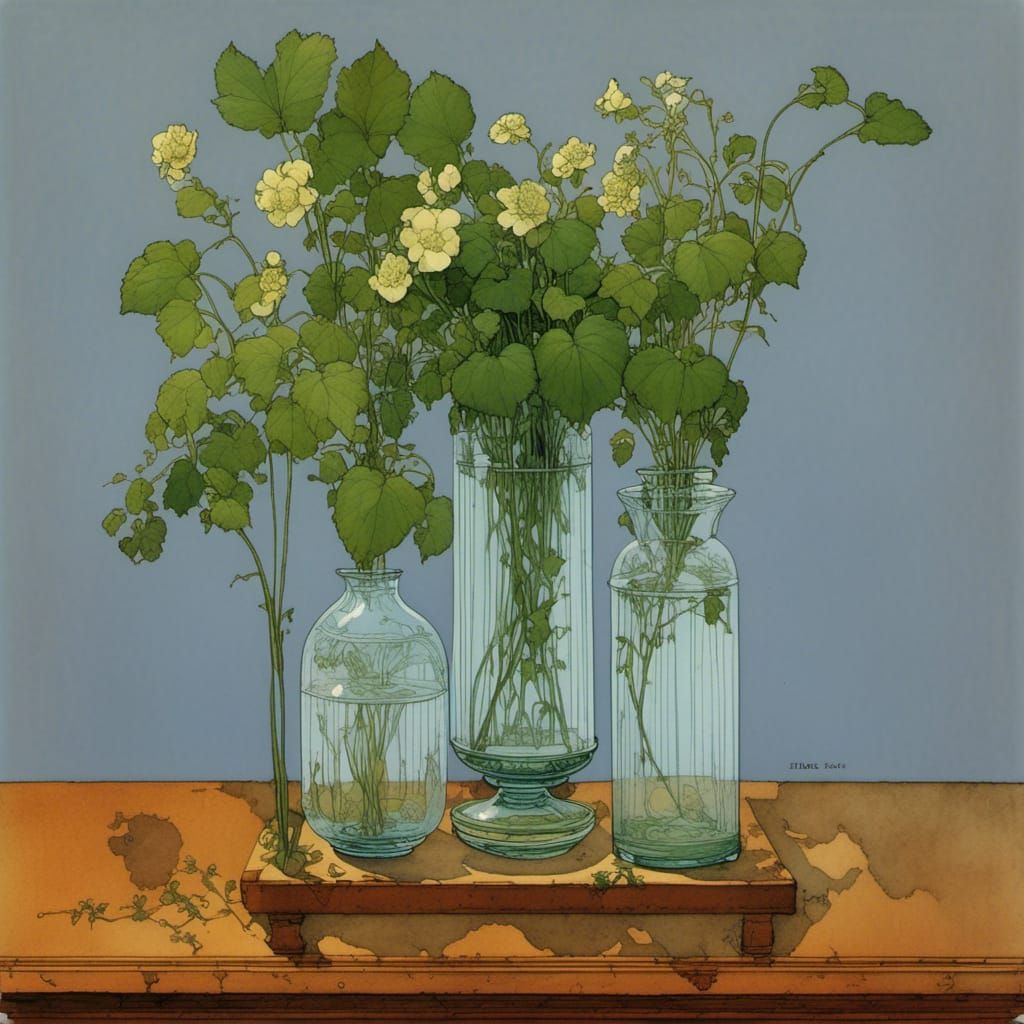 Glass Vases on Shelf in Vintage Cartoon Style