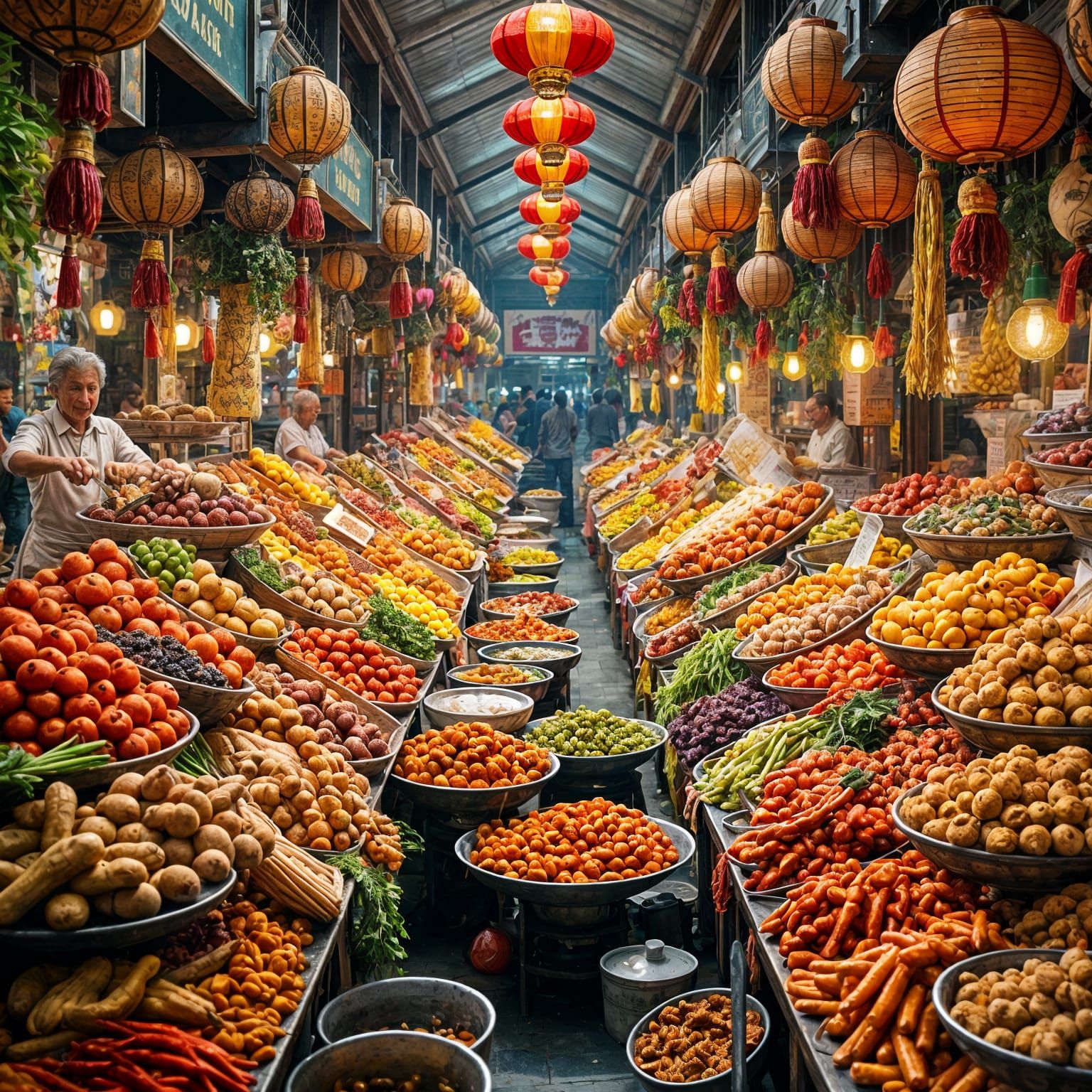 Bustling Asian Food Market: Oil Painting