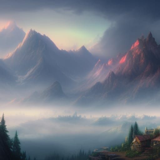 Fantastical Misty Mountain Landscape in Deep Color