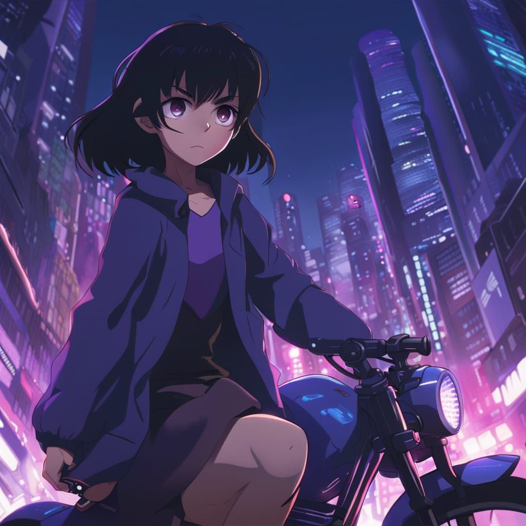 Anime Girl in City Night, Studio Ghibli Style