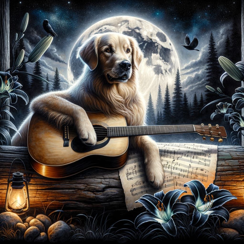 Golden Retriever Serenades Under Moonlight in Mixed Media