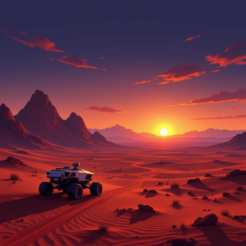 Martian Desert Sunset with Rover in Hyperrealistic Style