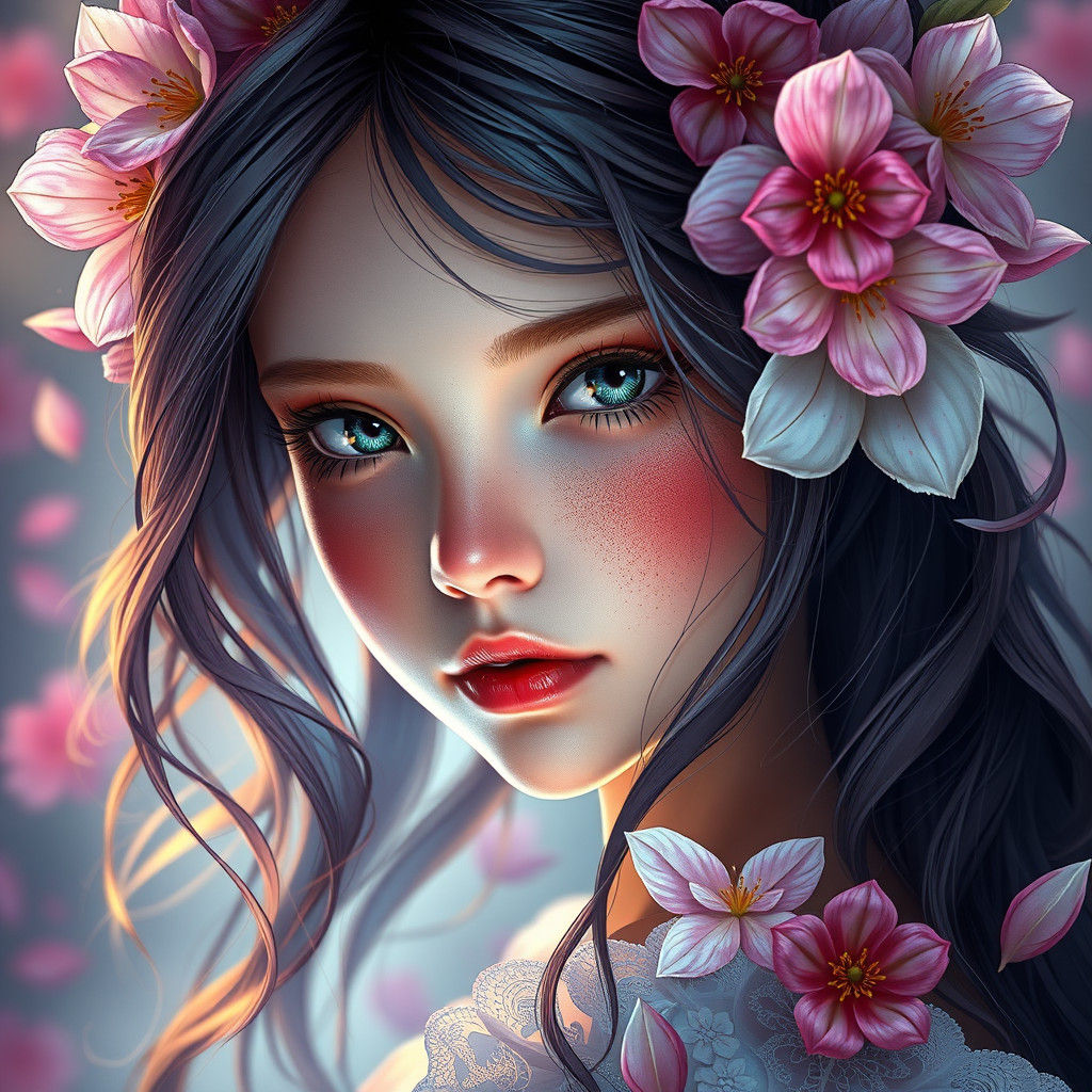 Ethereal Flower Girl Portrait in Ornate Fantasy Style
