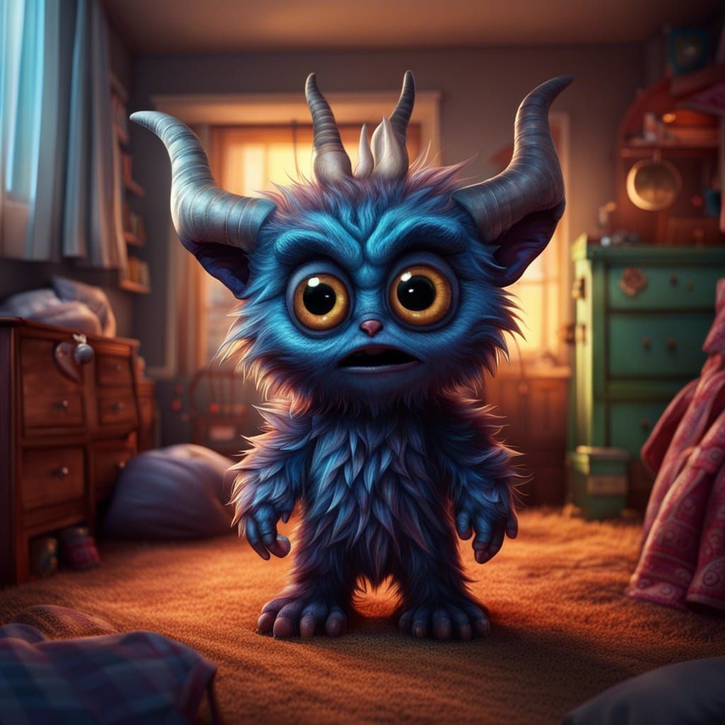 Adorable Furry Monster in Boy's Bedroom: Detailed Digital Ar...