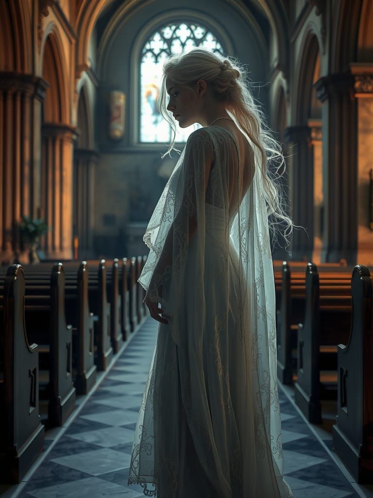 Ethereal Bride in Empty Church, Cinematic Photography
