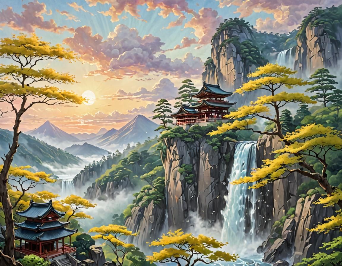 Japanese Temple at Sunrise: Oil Painting