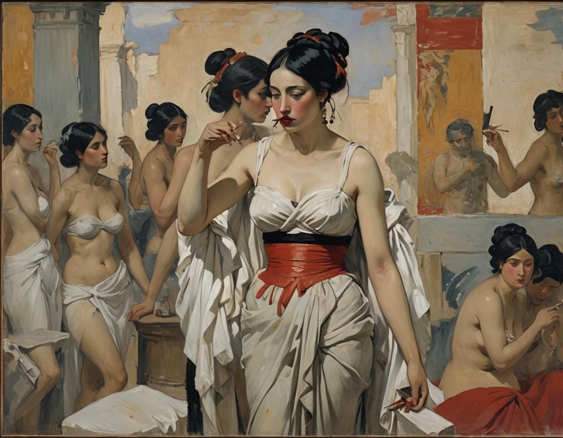 Ancient Greek Woman Smoking: Impressionist Painting