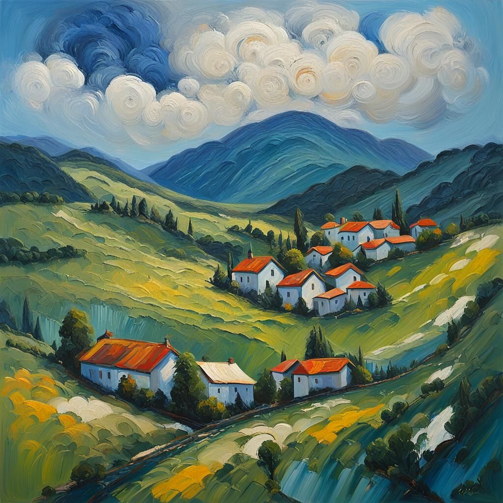 Village in Rolling Valley: Neo-Expressionist Oil Painting