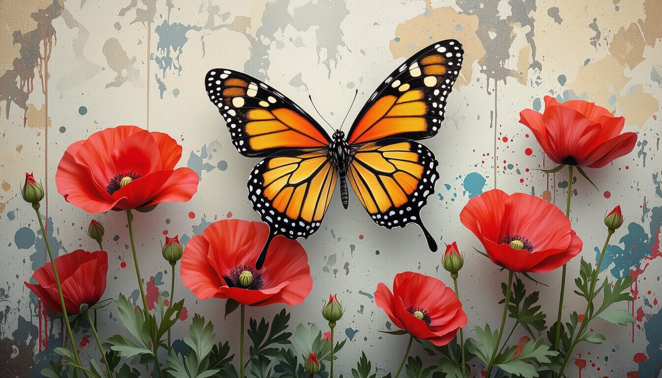 Butterfly over Poppy Field in Grungy Street Art Style