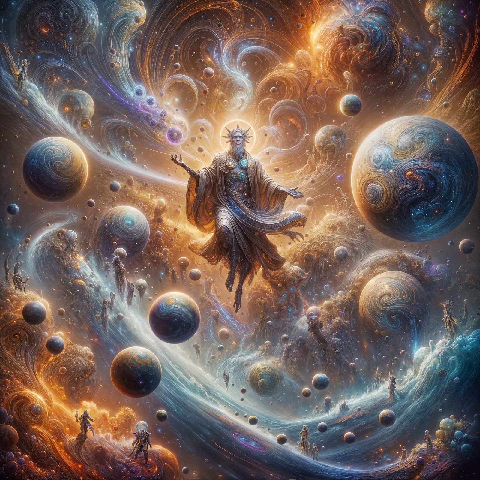 Creator Figure Amidst Forming Planets in Fantasy Scene