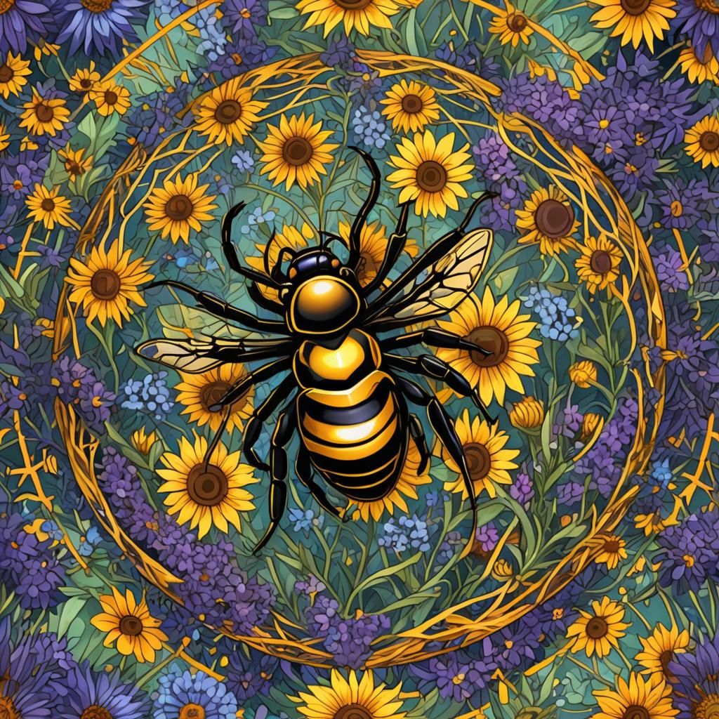 Angry Hornet in Vibrant Floral Orb, Van Gogh Style