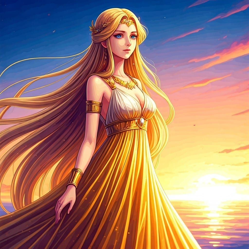 Aphrodite in Golden Gown with Cascading Blond Hair and Sunse...