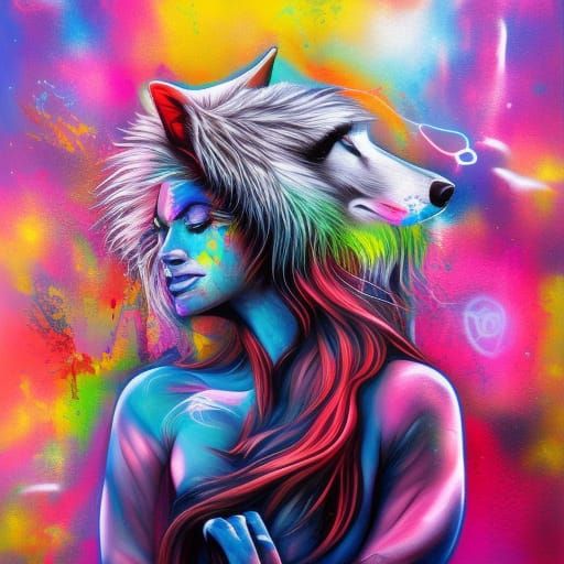Mystical Woman and Wolf Graffiti Art