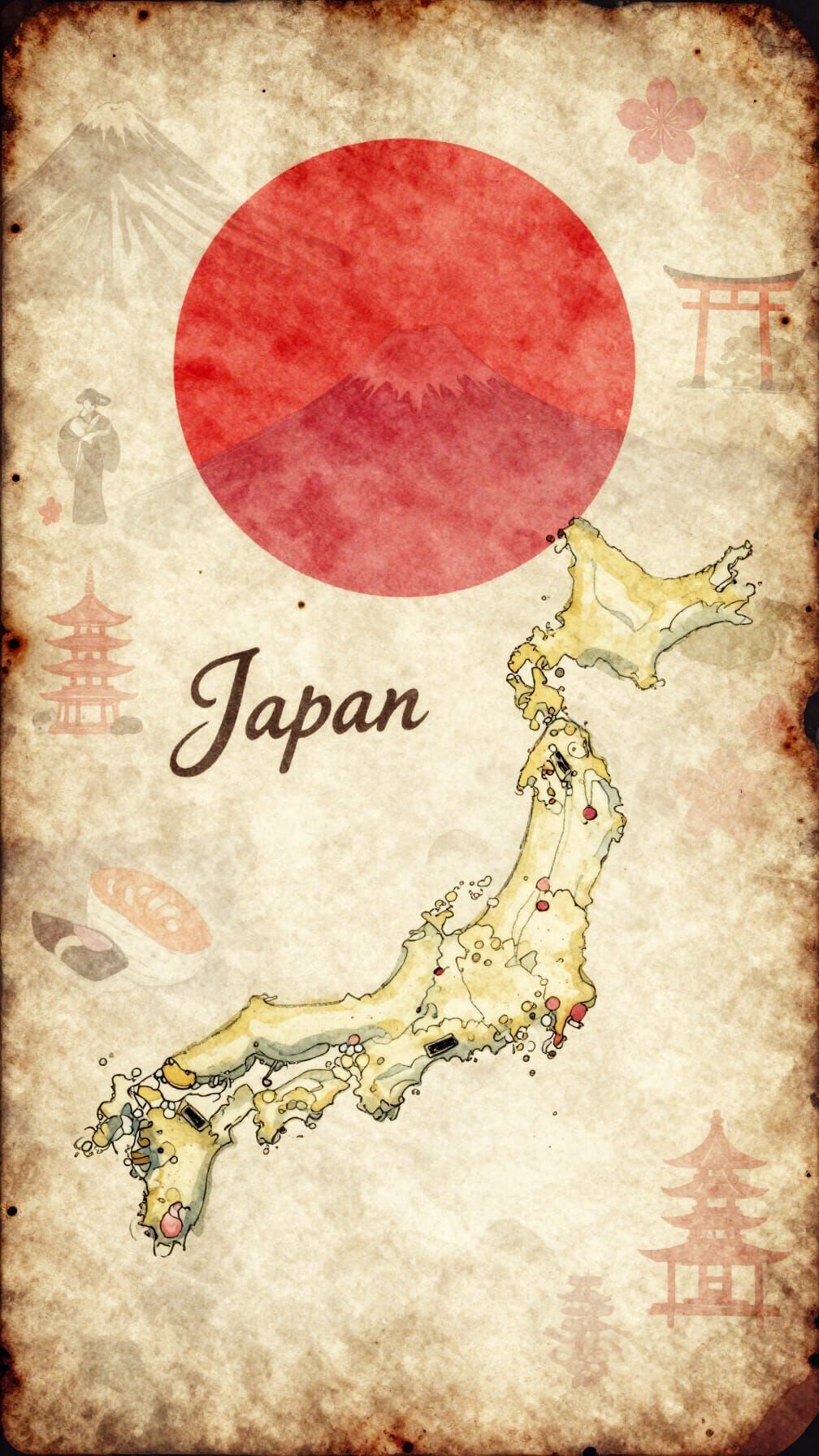 Vintage Shabby Chic Map of Japan Illustration