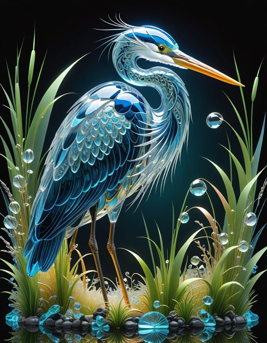 Crystal Heron Sculpture with Bioluminescent Flora