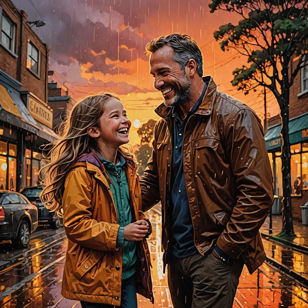 Father and Daughter Laughing on Rainy Day