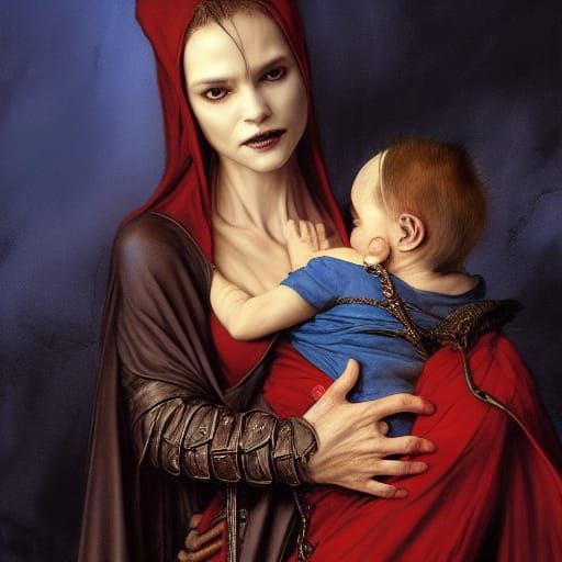 Medieval Salubri Vampire woman holding a baby boy "Portrait by Huang Guangjian, Jean Baptiste Monge, Donato Giancola, Cl...